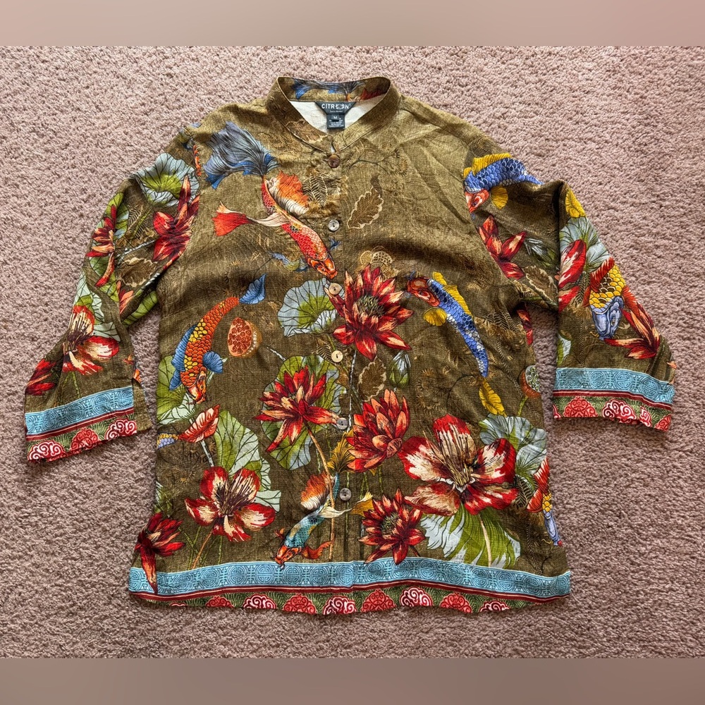 citron quarter sleeve button up shirt medium asian art deco koi fish flowers
